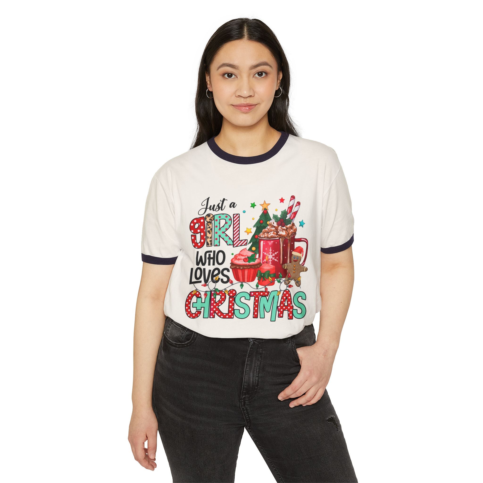 Just a Girl Who Loves Christmas Ringer T-Shirt | Festive Cotton Tee for Holiday Cheer, Christmas Gift, Seasonal Wear, Cozy Style, [...] - Waemakers