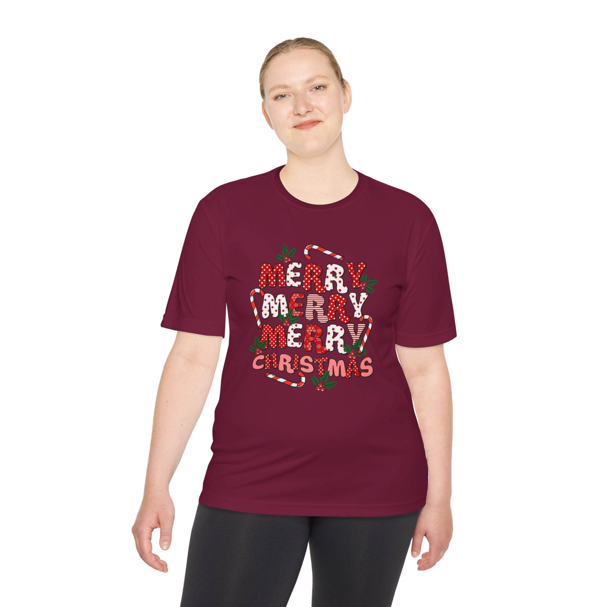 Merry Christmas Unisex Moisture Wicking Tee, Holiday T-Shirt, Christmas Gift, Activewear, Candy Cane Design, Festive Apparel - Waemakers