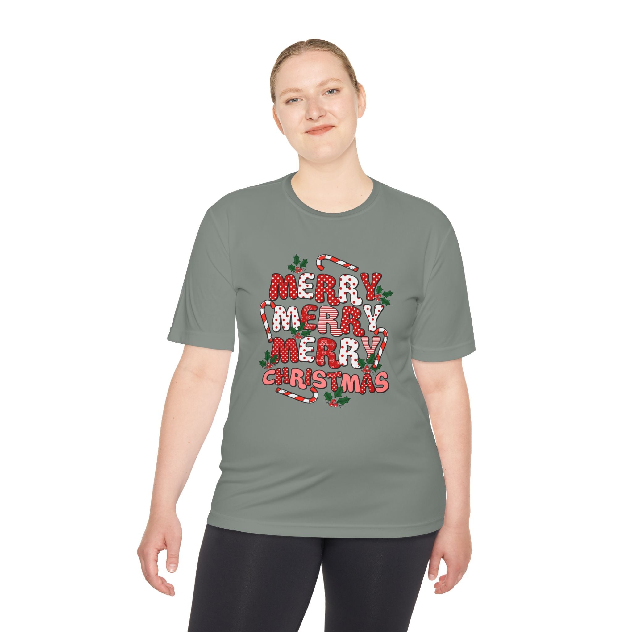 Merry Christmas Unisex Moisture Wicking Tee, Holiday T-Shirt, Christmas Gift, Activewear, Candy Cane Design, Festive Apparel - Waemakers