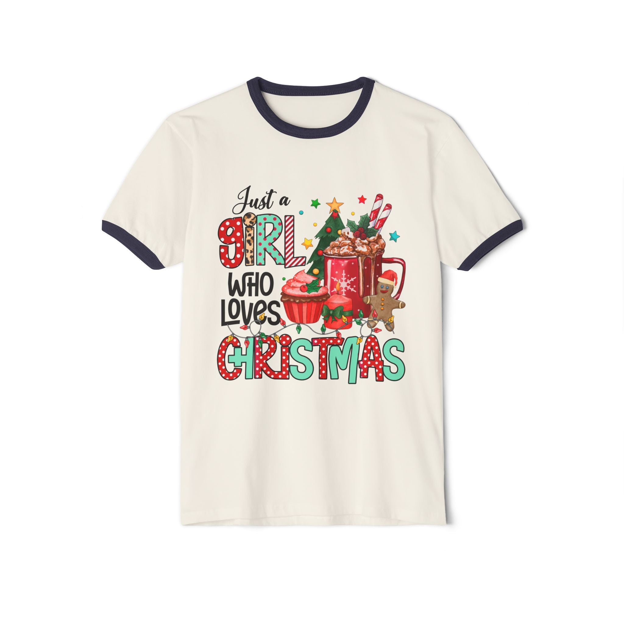 Just a Girl Who Loves Christmas Ringer T-Shirt | Festive Cotton Tee for Holiday Cheer, Christmas Gift, Seasonal Wear, Cozy Style, [...] - Waemakers
