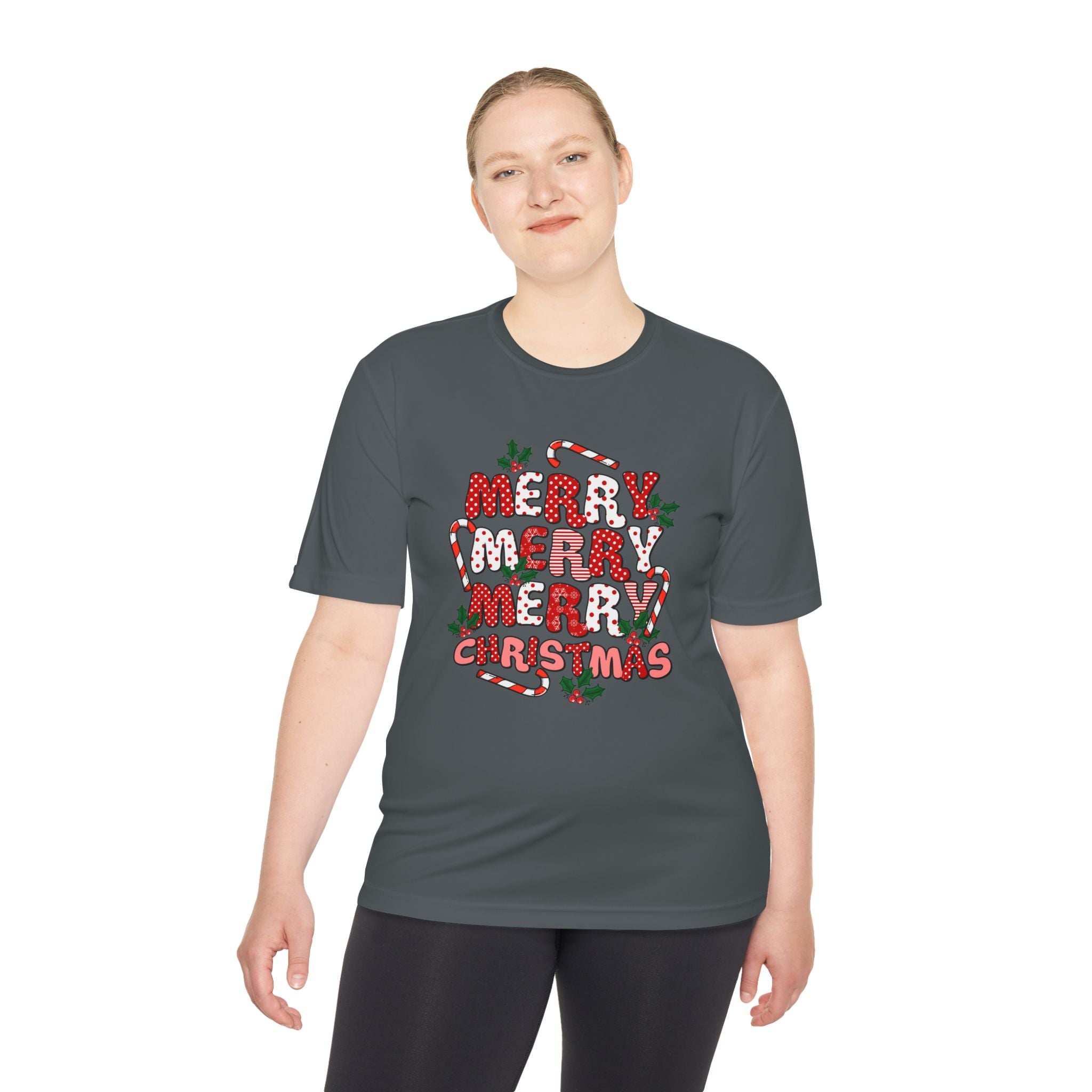 Merry Christmas Unisex Moisture Wicking Tee, Holiday T-Shirt, Christmas Gift, Activewear, Candy Cane Design, Festive Apparel - Waemakers