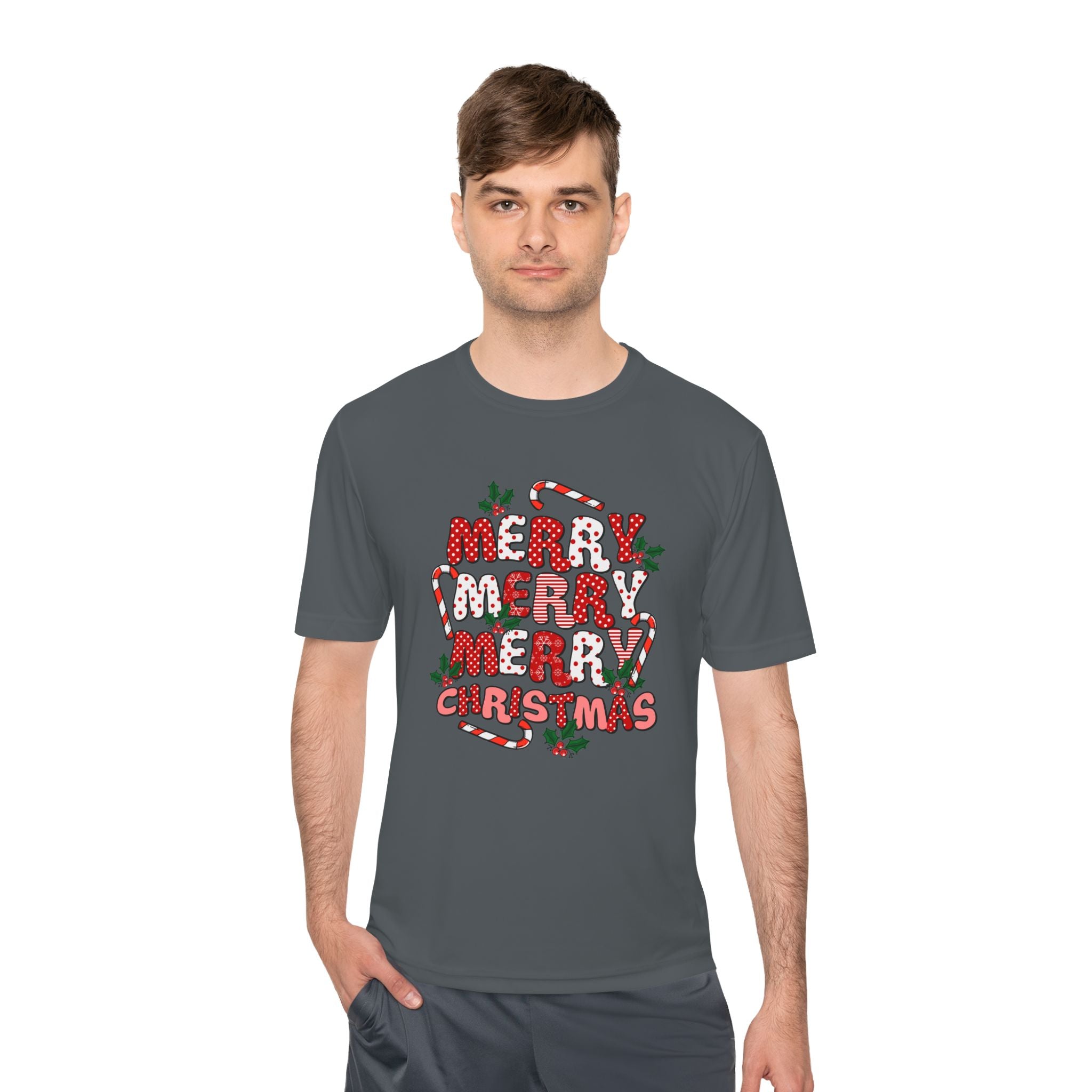 Merry Christmas Unisex Moisture Wicking Tee, Holiday T-Shirt, Christmas Gift, Activewear, Candy Cane Design, Festive Apparel - Waemakers