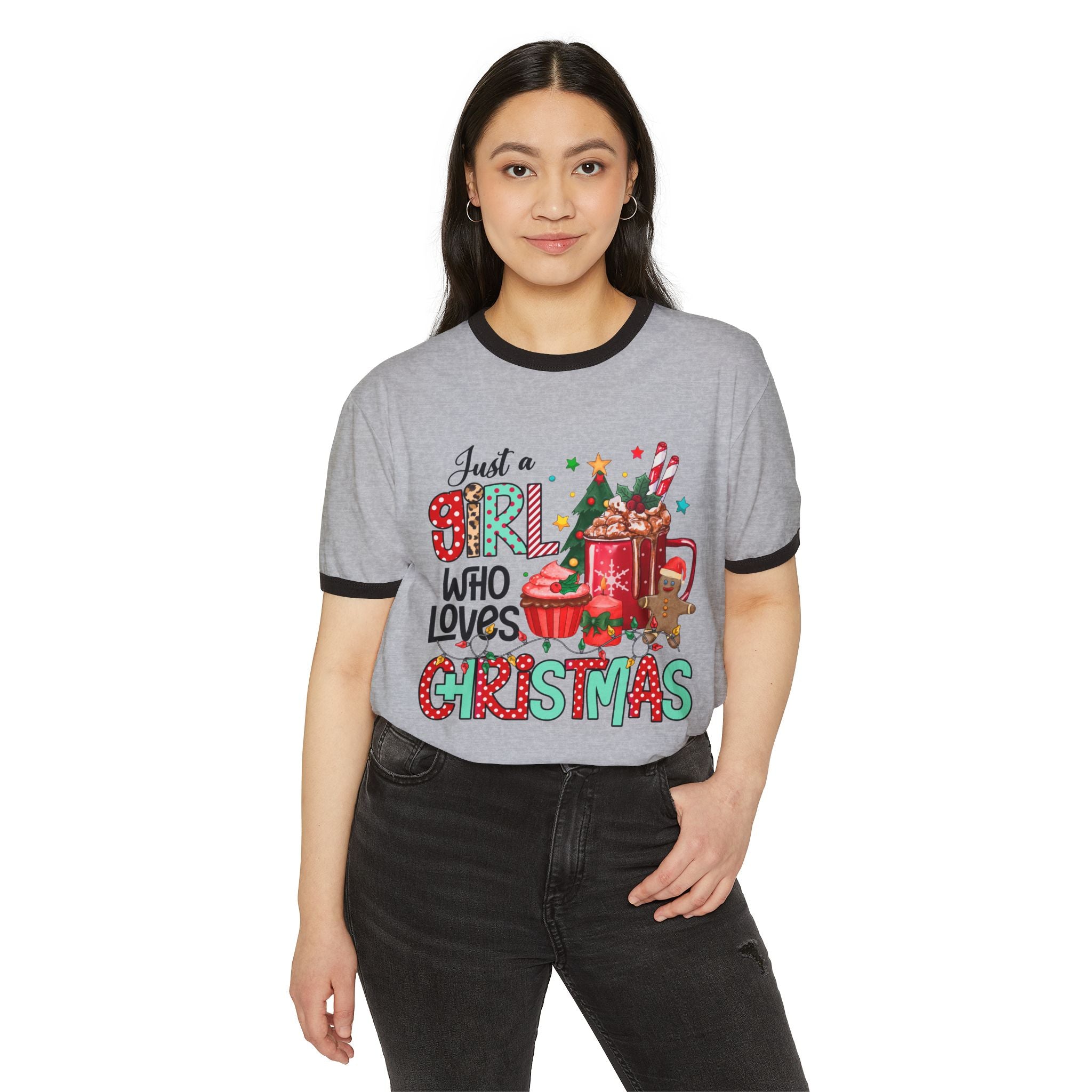 Just a Girl Who Loves Christmas Ringer T-Shirt | Festive Cotton Tee for Holiday Cheer, Christmas Gift, Seasonal Wear, Cozy Style, [...] - Waemakers