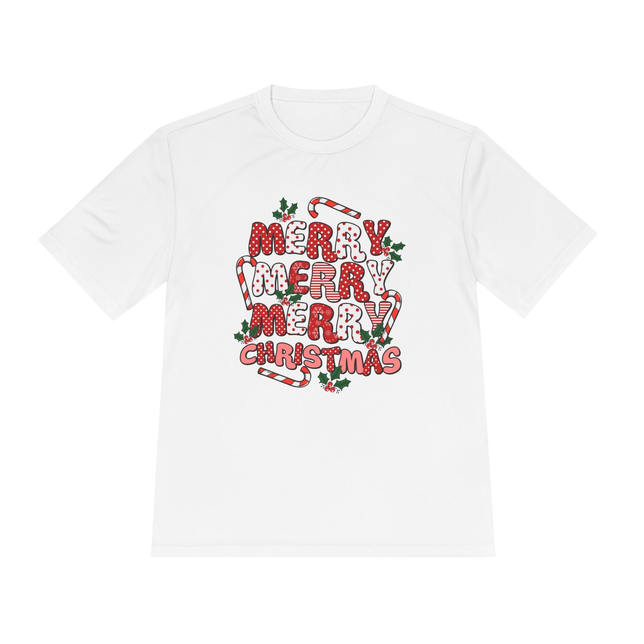 Merry Christmas Unisex Moisture Wicking Tee, Holiday T-Shirt, Christmas Gift, Activewear, Candy Cane Design, Festive Apparel - Waemakers