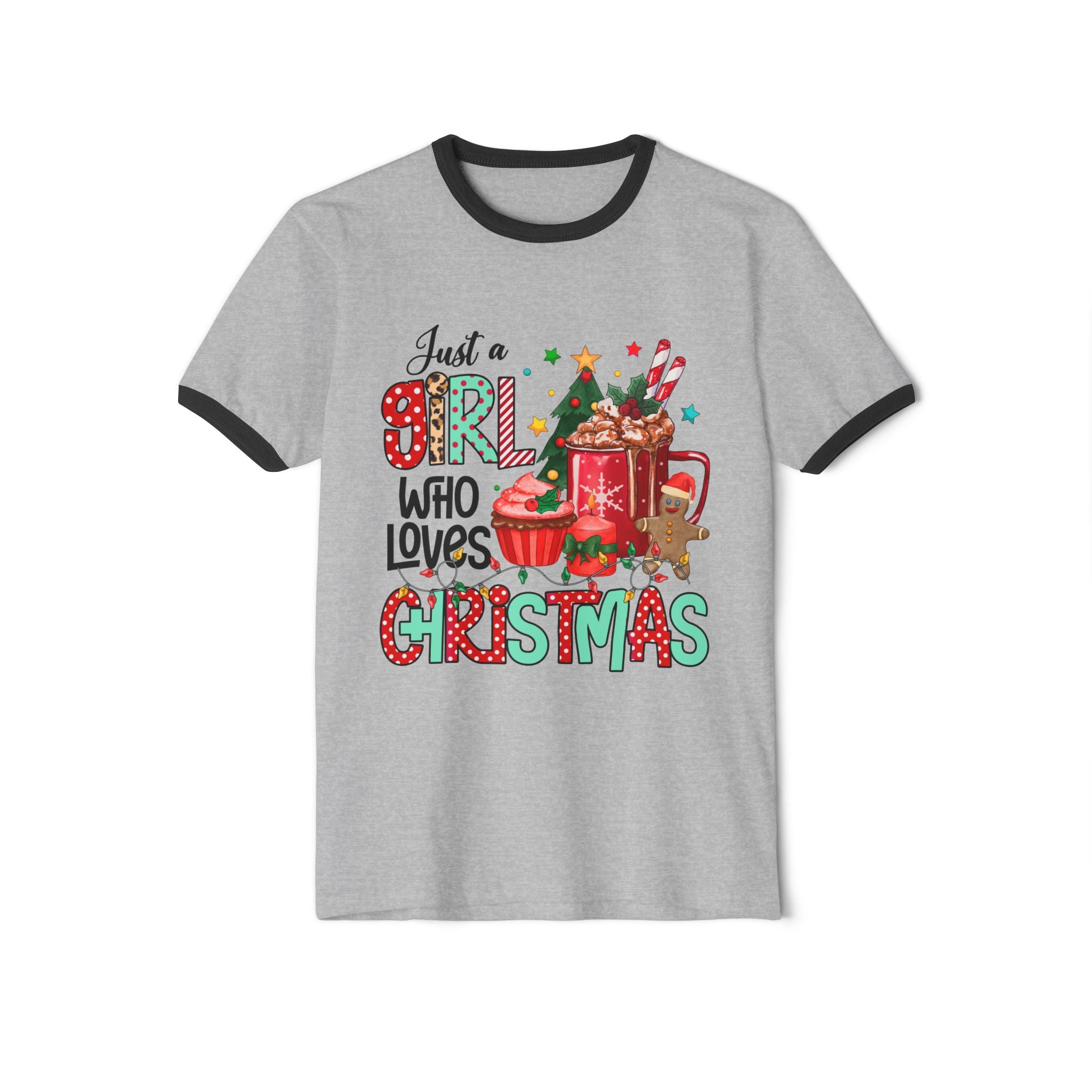 Just a Girl Who Loves Christmas Ringer T-Shirt | Festive Cotton Tee for Holiday Cheer, Christmas Gift, Seasonal Wear, Cozy Style, [...] - Waemakers
