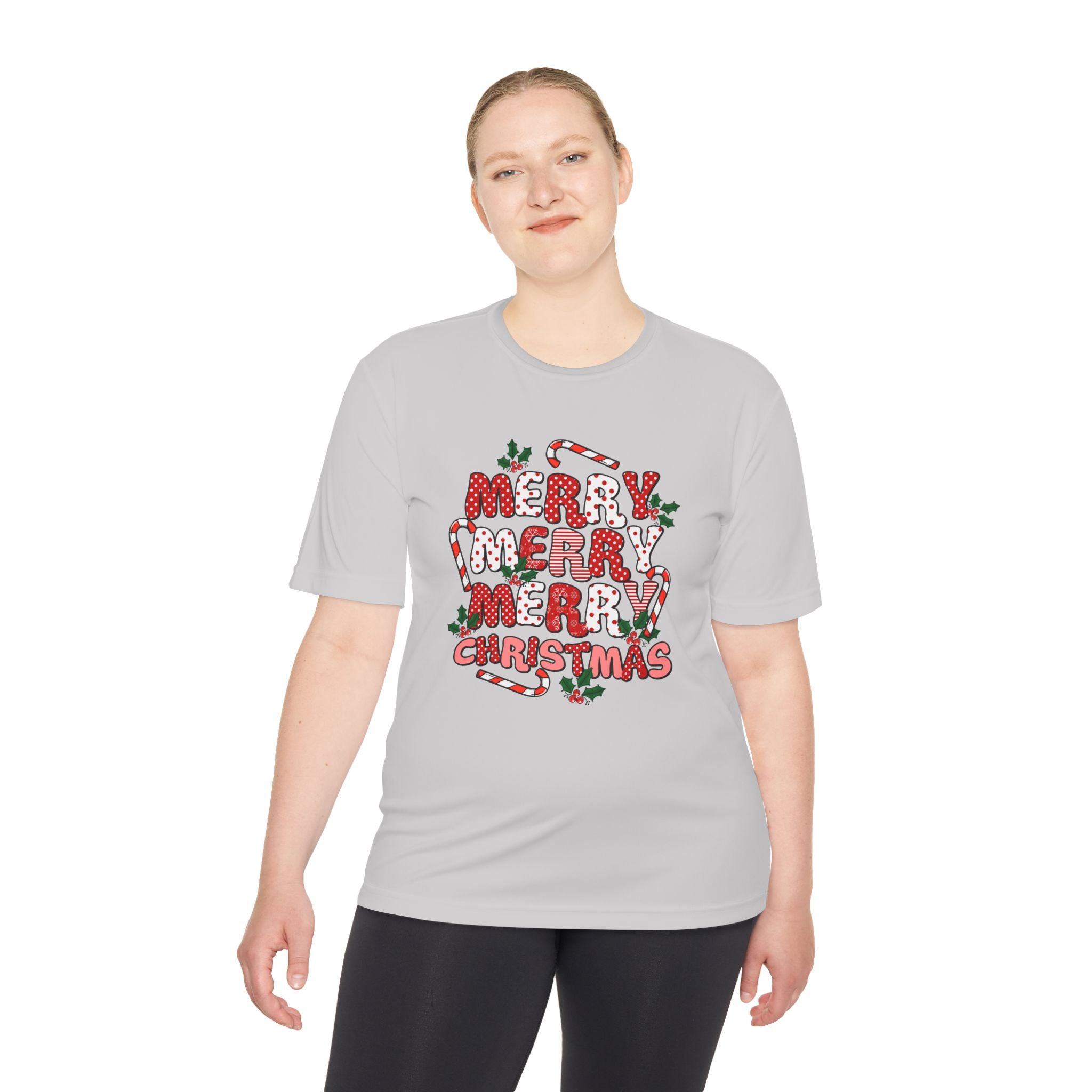 Merry Christmas Unisex Moisture Wicking Tee, Holiday T-Shirt, Christmas Gift, Activewear, Candy Cane Design, Festive Apparel - Waemakers