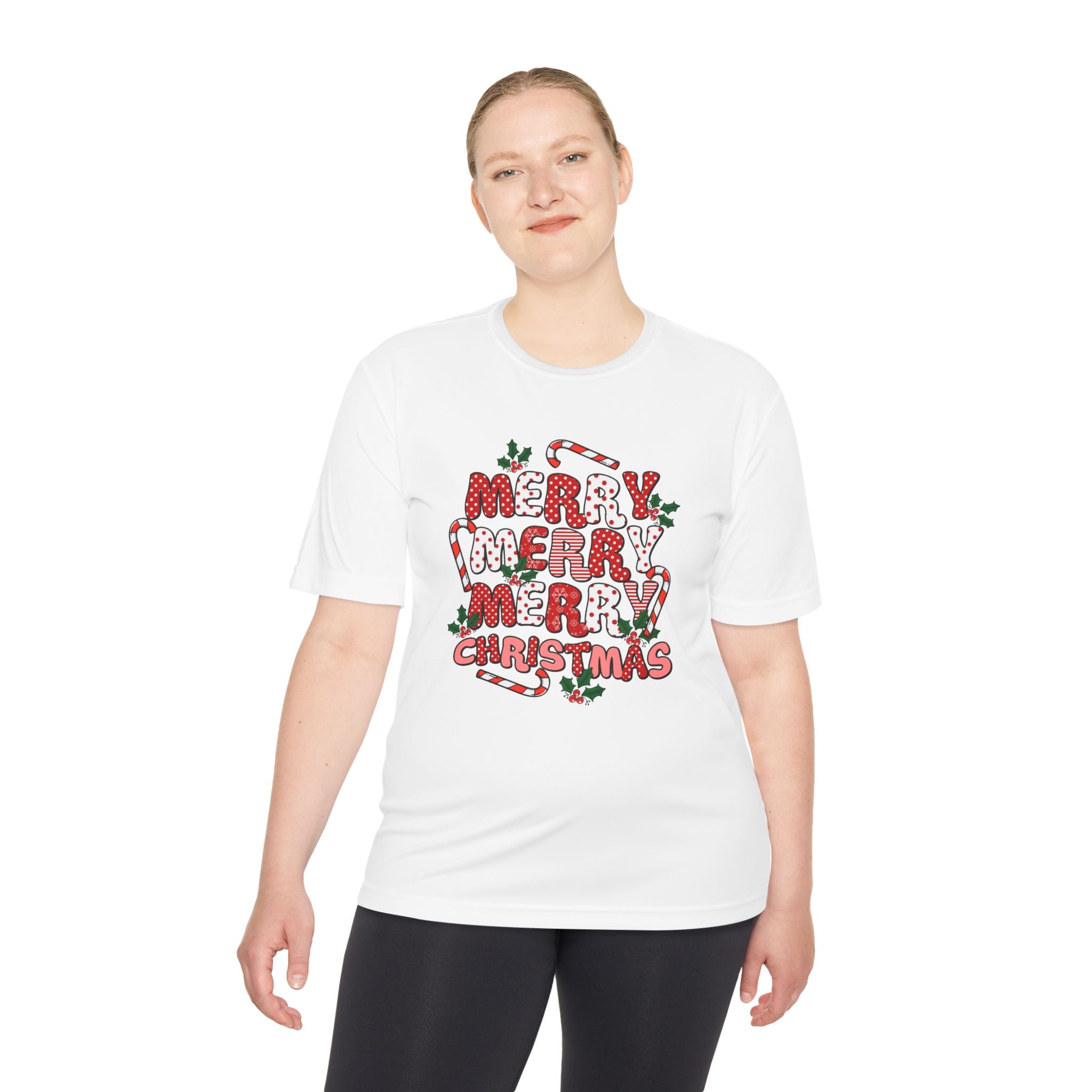 Merry Christmas Unisex Moisture Wicking Tee, Holiday T-Shirt, Christmas Gift, Activewear, Candy Cane Design, Festive Apparel - Waemakers