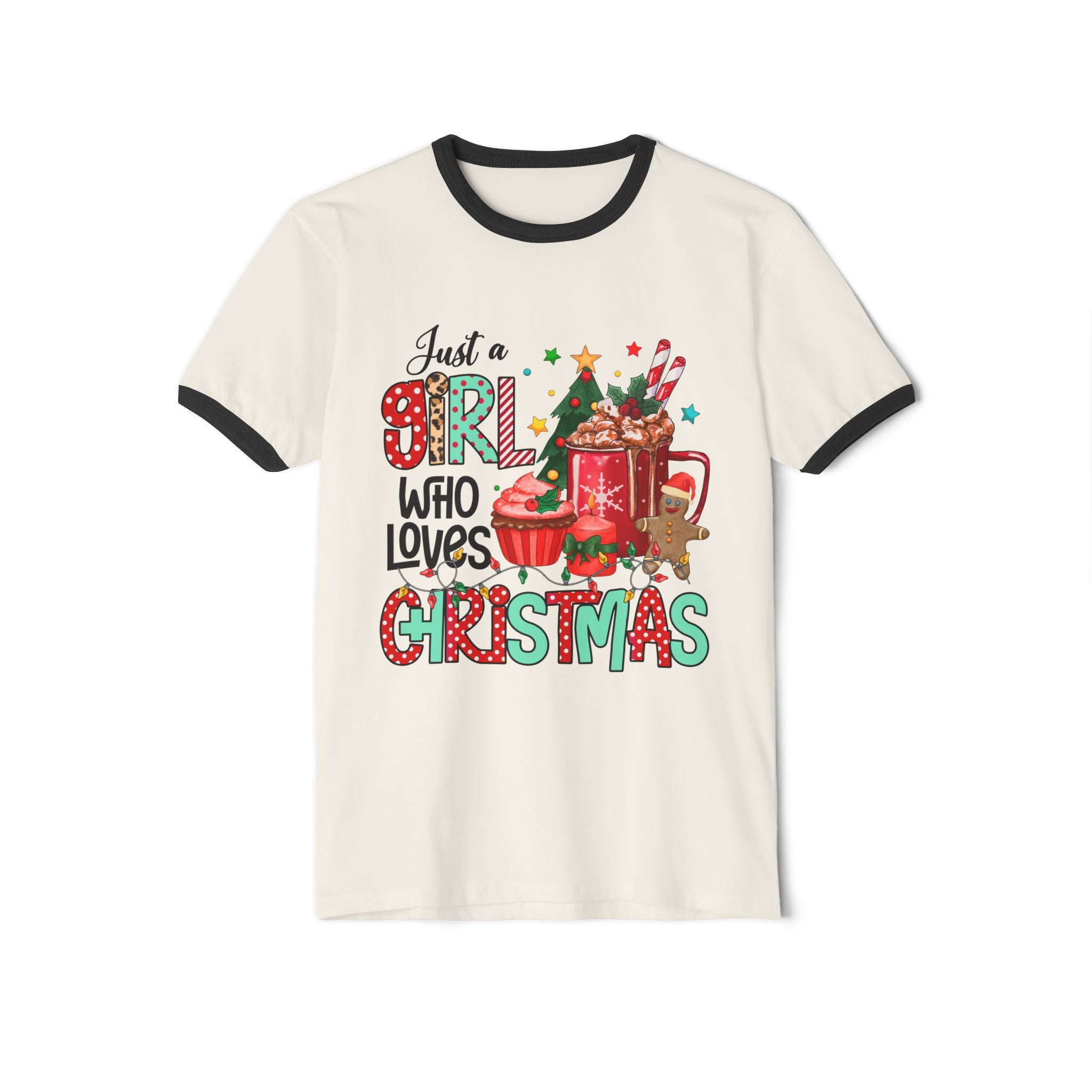 Just a Girl Who Loves Christmas Ringer T-Shirt | Festive Cotton Tee for Holiday Cheer, Christmas Gift, Seasonal Wear, Cozy Style, [...] - Waemakers