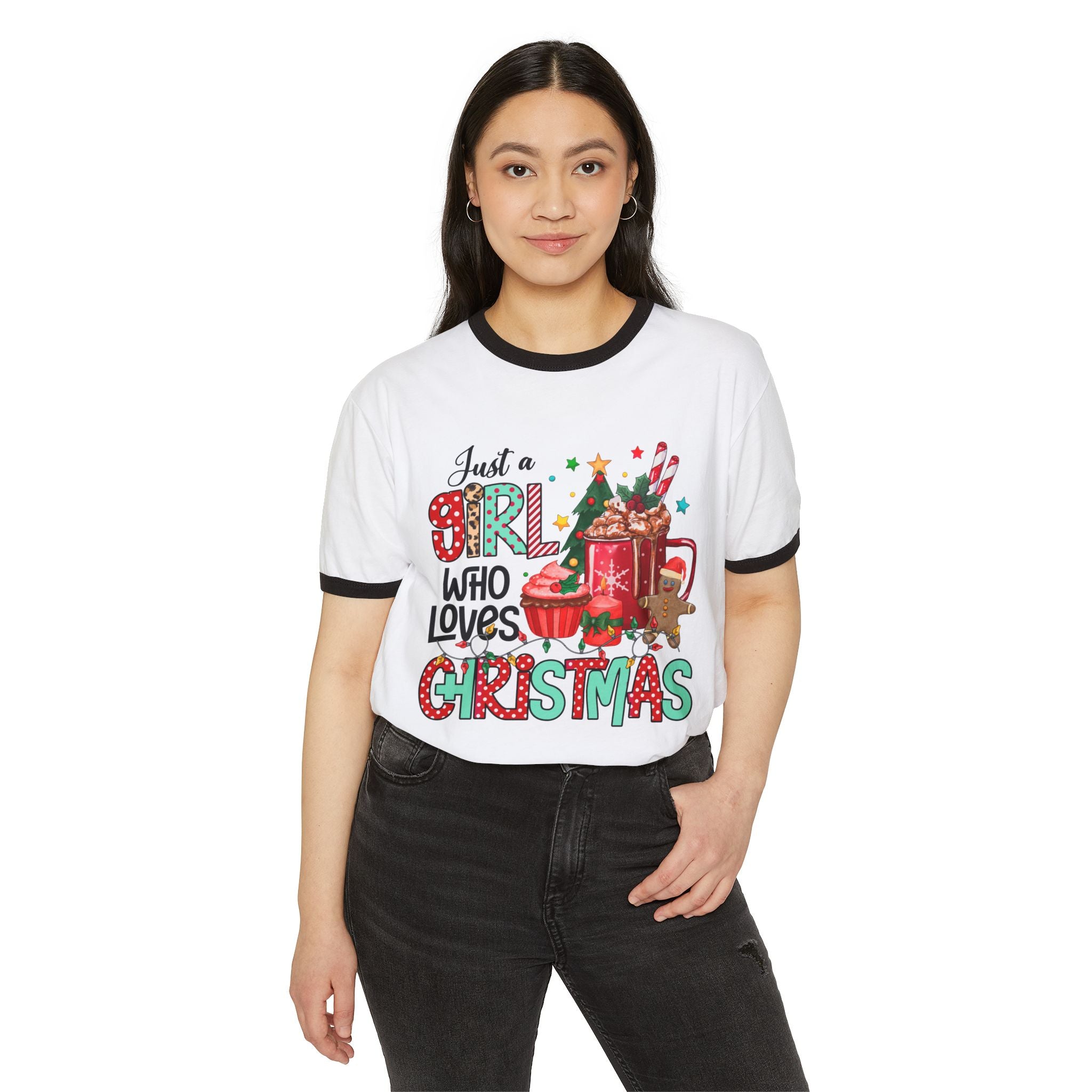 Just a Girl Who Loves Christmas Ringer T-Shirt | Festive Cotton Tee for Holiday Cheer, Christmas Gift, Seasonal Wear, Cozy Style, [...] - Waemakers